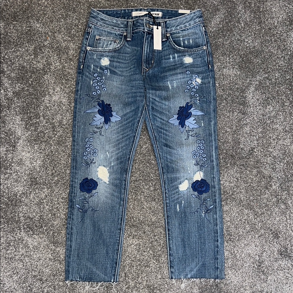 Lovers + Friends Blue Embroidered Ankle Crop Jeans